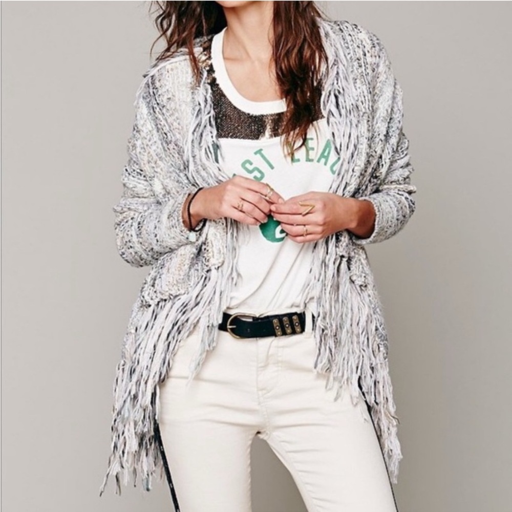 Free People Birkenstock Fringe Knit Alpaca & Wool Drape Cardigan Gray Sz‎ M Boho